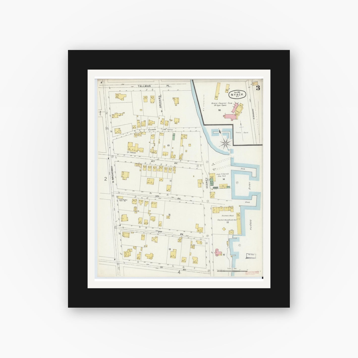 Old map wall art mockup — black gallery frame with white mat — Sanborn Fire Insurance Map from Nyack, Rockland County, New York. (1896), Sheet #0003