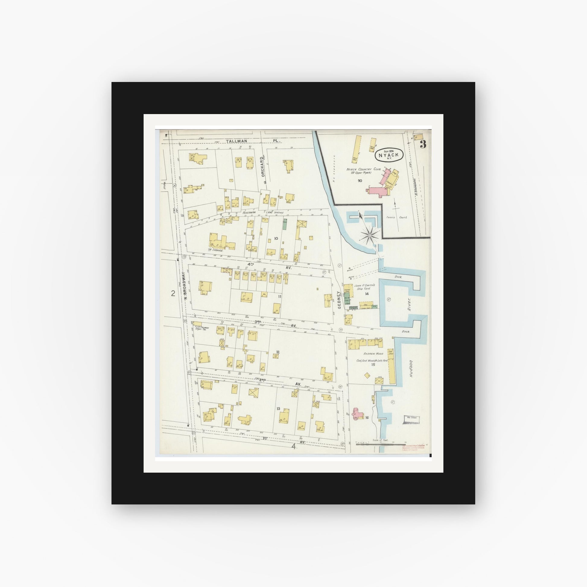 Old map wall art mockup — black gallery frame with white mat — Sanborn Fire Insurance Map from Nyack, Rockland County, New York. (1896), Sheet #0003