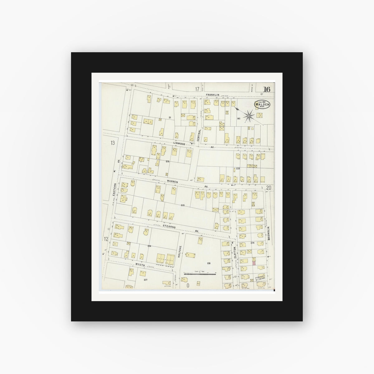 Old map wall art mockup — black gallery frame with white mat — Sanborn Fire Insurance Map from Malden, Middlesex County, Massachusetts (1897), Sheet #0016