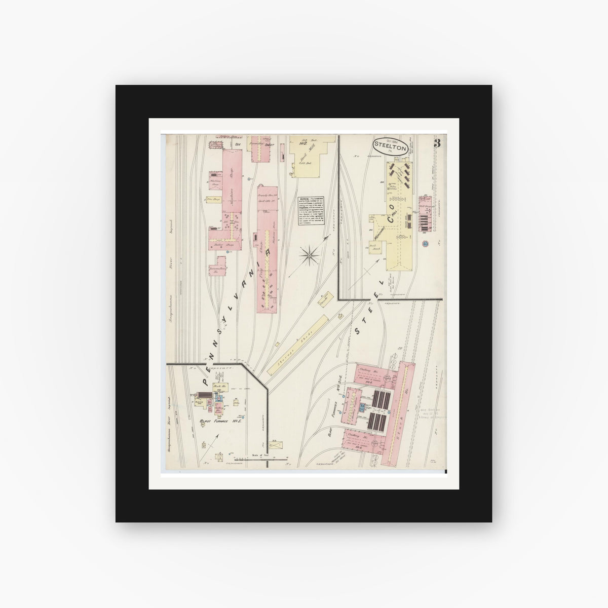 Old map wall art mockup — black gallery frame with white mat — Sanborn Fire Insurance Map from Steelton, Dauphin County, Pennsylvania (1884), Sheet #0003