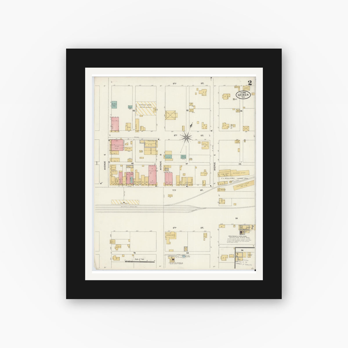 Old map wall art mockup — black gallery frame with white mat — Sanborn Fire Insurance Map from Shiner, Lavaca County, Texas (1906), Sheet #0002
