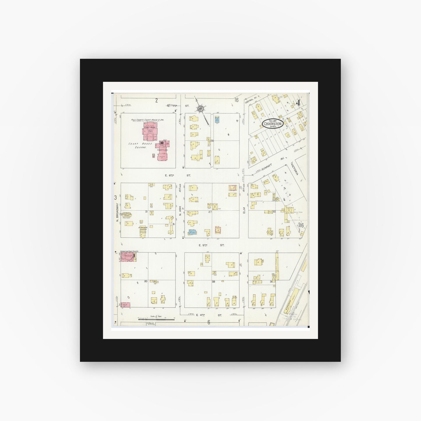 Old map wall art mockup — black gallery frame with white mat — Sanborn Fire Insurance Map from Crookston, Polk County, Minnesota (1913), Sheet #0004