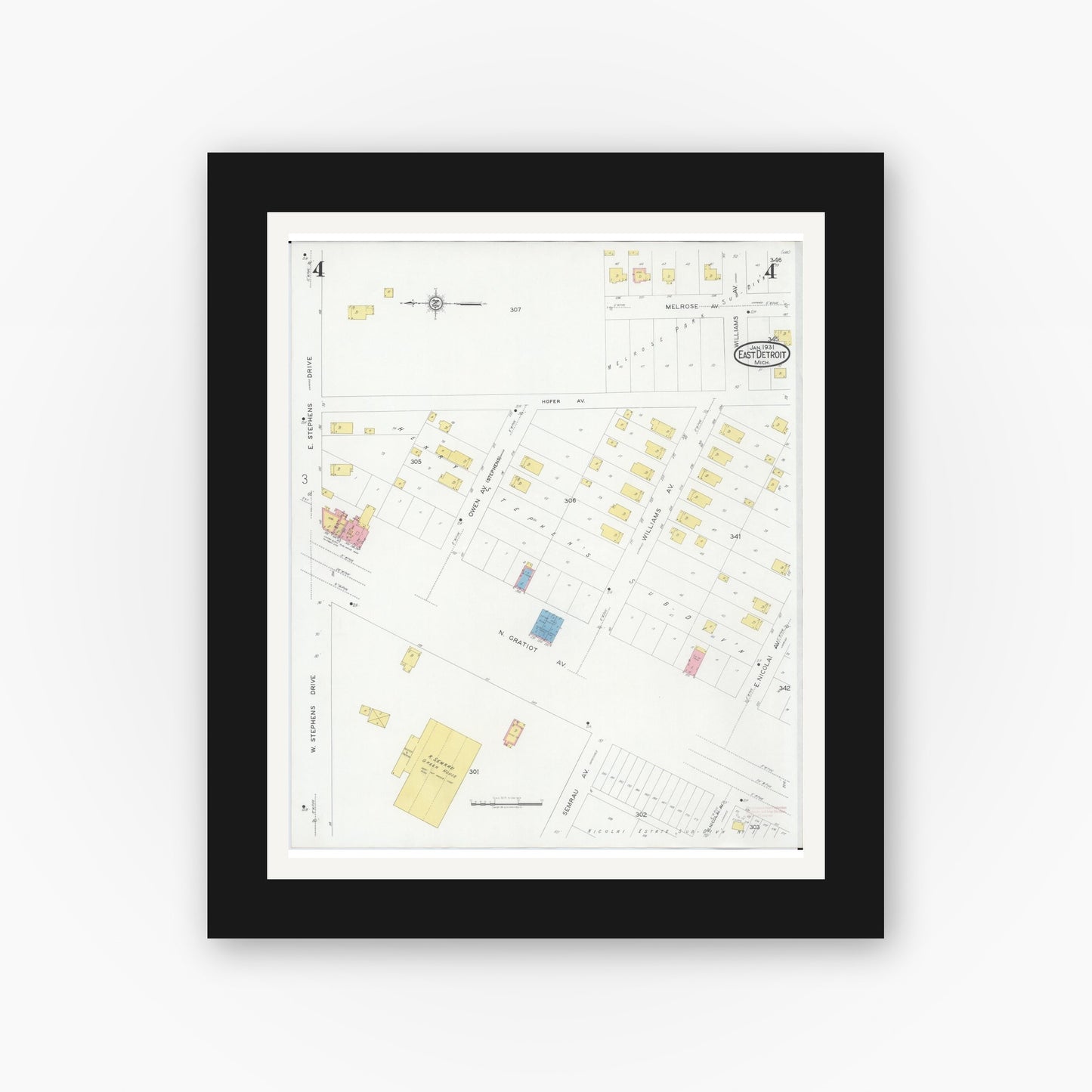 Old map wall art mockup — black gallery frame with white mat — Sanborn Fire Insurance Map from East Detroit, Macomb County, Michigan (1931), Sheet #0004