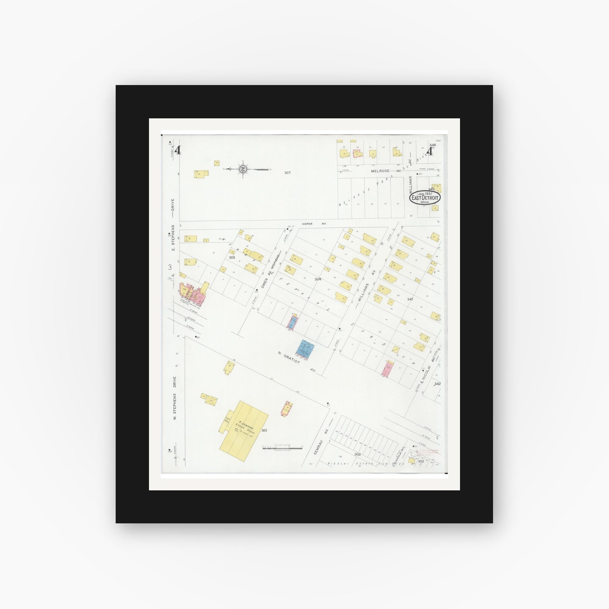 Old map wall art mockup — black gallery frame with white mat — Sanborn Fire Insurance Map from East Detroit, Macomb County, Michigan (1931), Sheet #0004