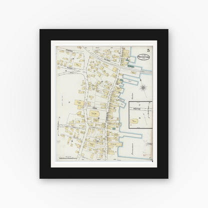 Old map wall art mockup — black gallery frame with white mat — Sanborn Fire Insurance Map from Provincetown, Barnstable County, Massachusetts (1889), Sheet #0005