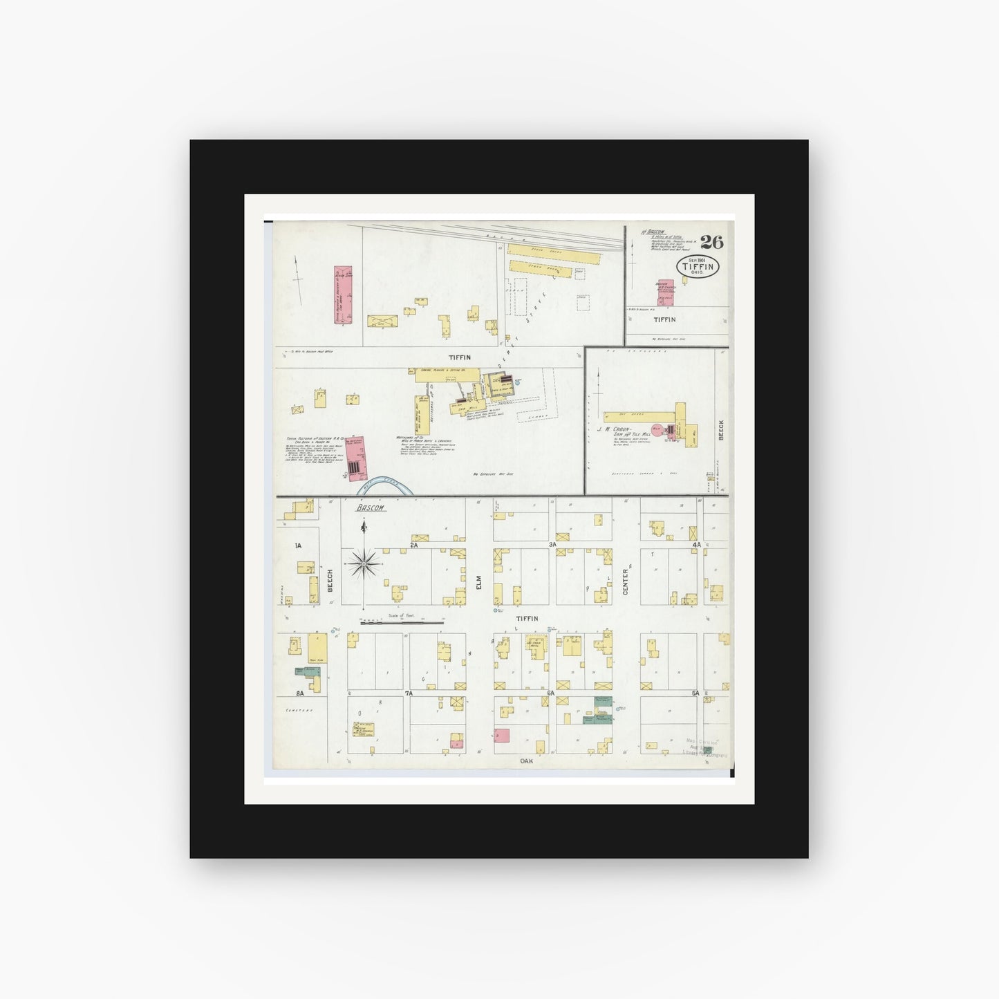 Old map wall art mockup — black gallery frame with white mat — Sanborn Fire Insurance Map from Tiffin, Seneca County, Ohio (1901), Sheet #0026