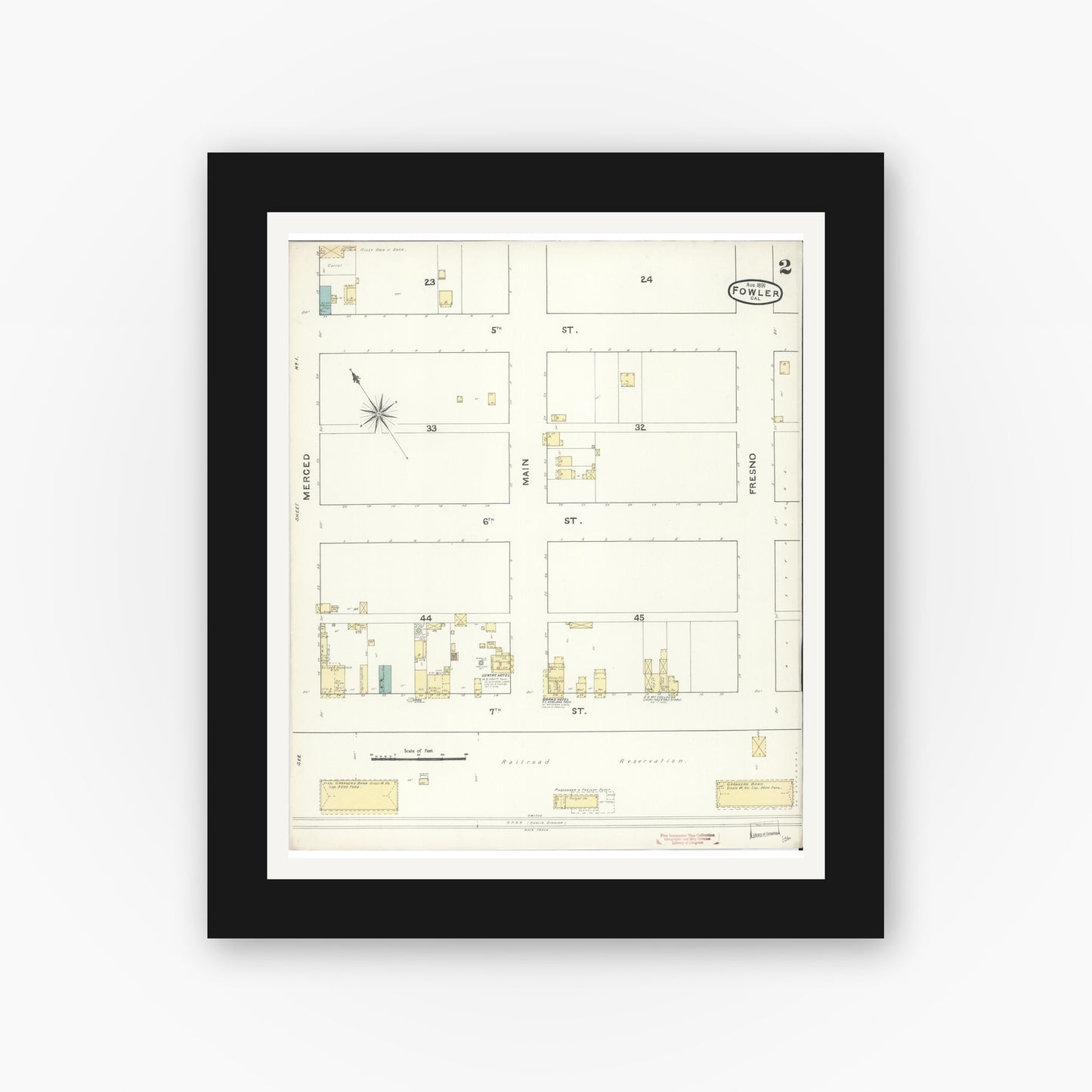 Old map wall art mockup — black gallery frame with white mat — Sanborn Fire Insurance Map from Fowler, Fresno County, California (1891), Sheet #0002