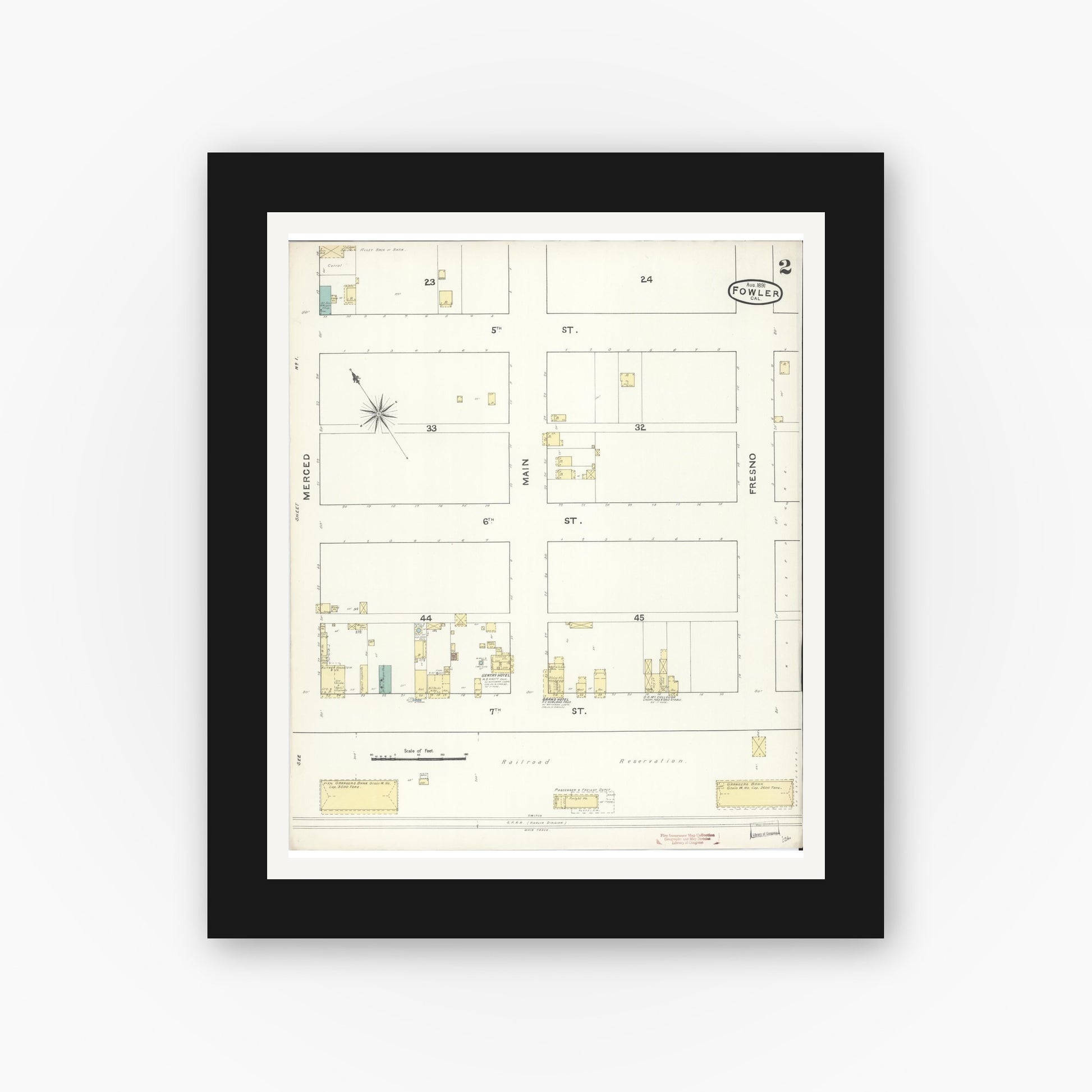 Old map wall art mockup — black gallery frame with white mat — Sanborn Fire Insurance Map from Fowler, Fresno County, California (1891), Sheet #0002