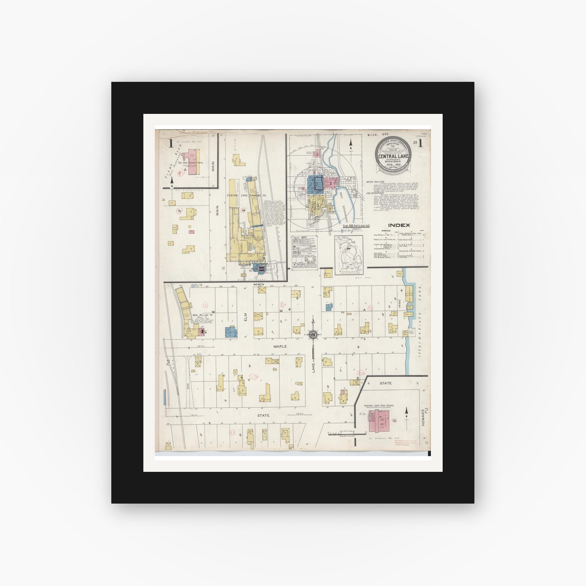 Old map wall art mockup — black gallery frame with white mat — Sanborn Fire Insurance Map from Central Lake, Antrim County, Michigan (1929) - Complete Map Set
