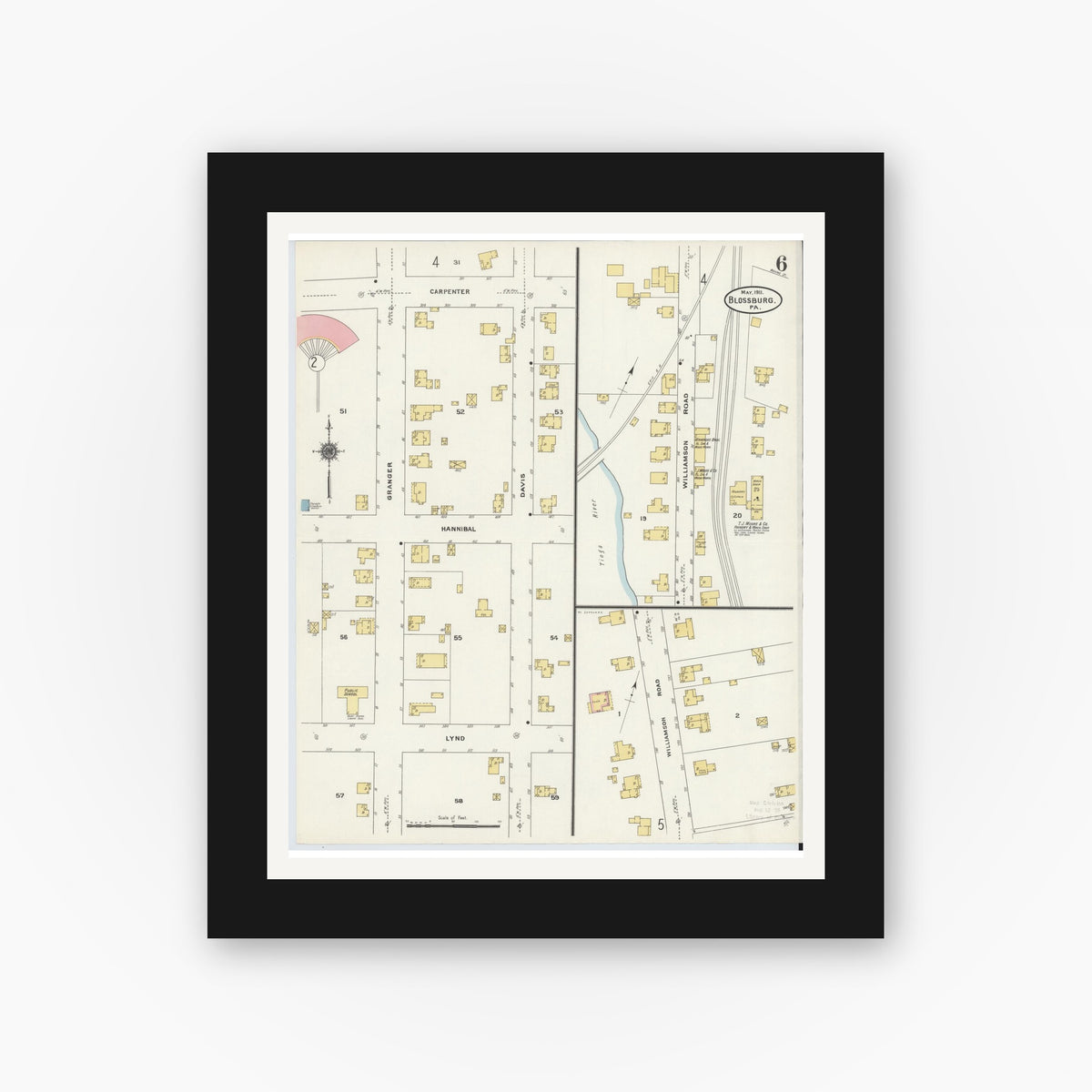 Old map wall art mockup — black gallery frame with white mat — Sanborn Fire Insurance Map from Blossburg, Tioga County, Pennsylvania (1911), Sheet #0006