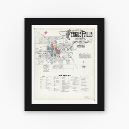 Old map wall art mockup — black gallery frame with white mat — Sanborn Fire Insurance Map from Fergus Falls, Otter Tail County, Minnesota (1903), Sheet #0001