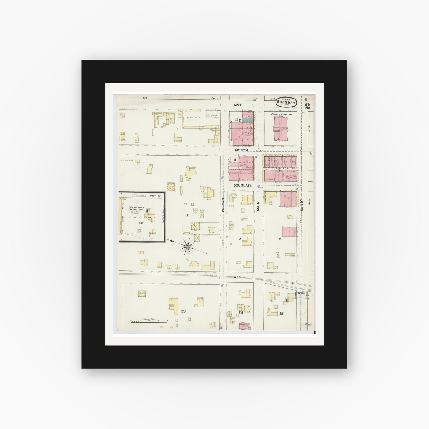 Old map wall art mockup — black gallery frame with white mat — Sanborn Fire Insurance Map from Brenham, Washington County, Texas (1891), Sheet #0002