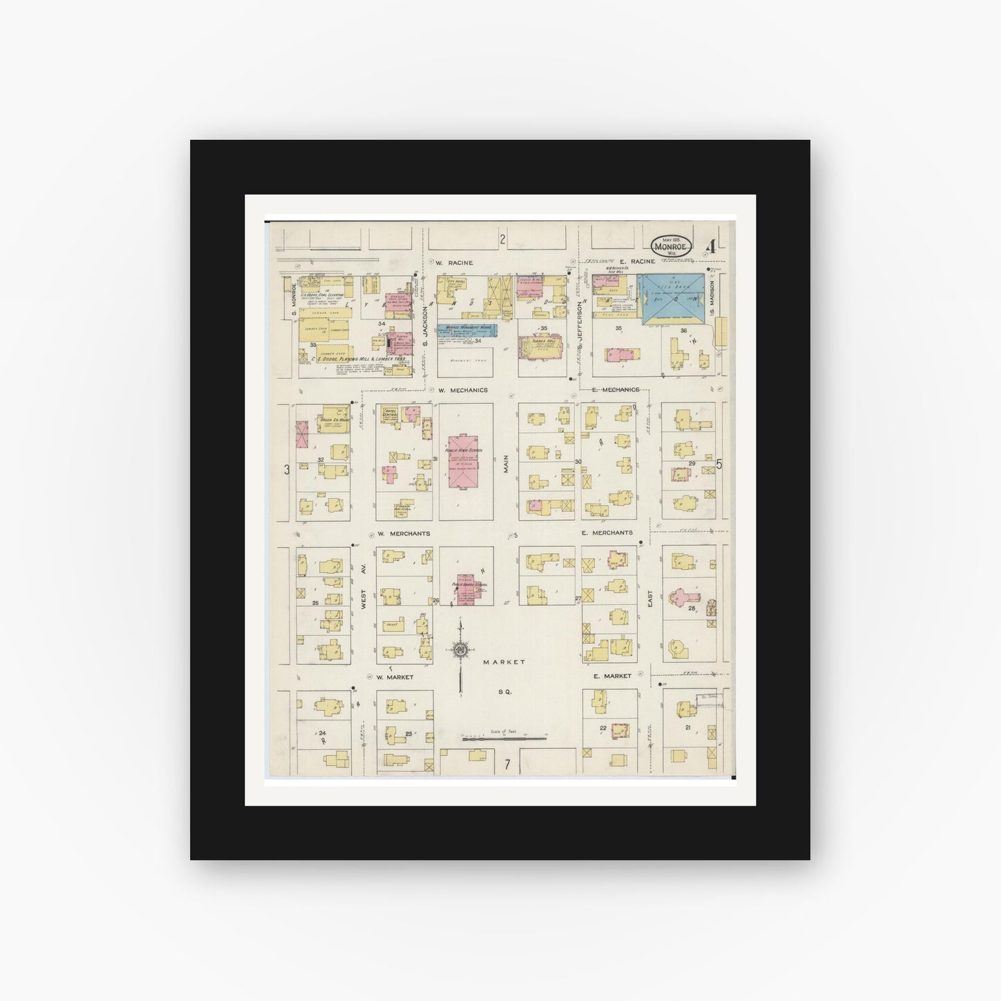 Old map wall art mockup — black gallery frame with white mat — Sanborn Fire Insurance Map from Monroe, Green County, Wisconsin (1915), Sheet #0004