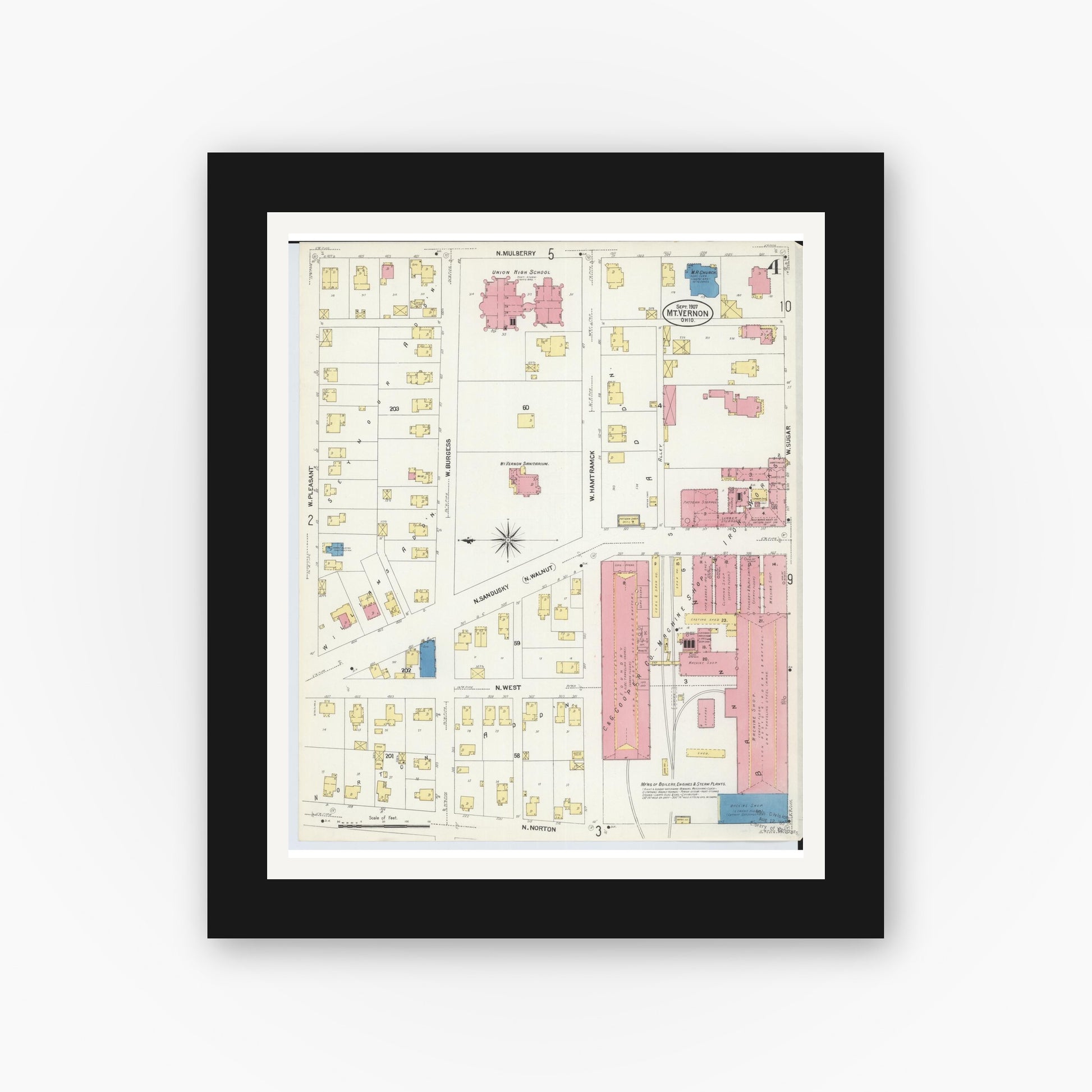 Old map wall art mockup — black gallery frame with white mat — Sanborn Fire Insurance Map from Mount Vernon, Knox County, Ohio (1907), Sheet #0004