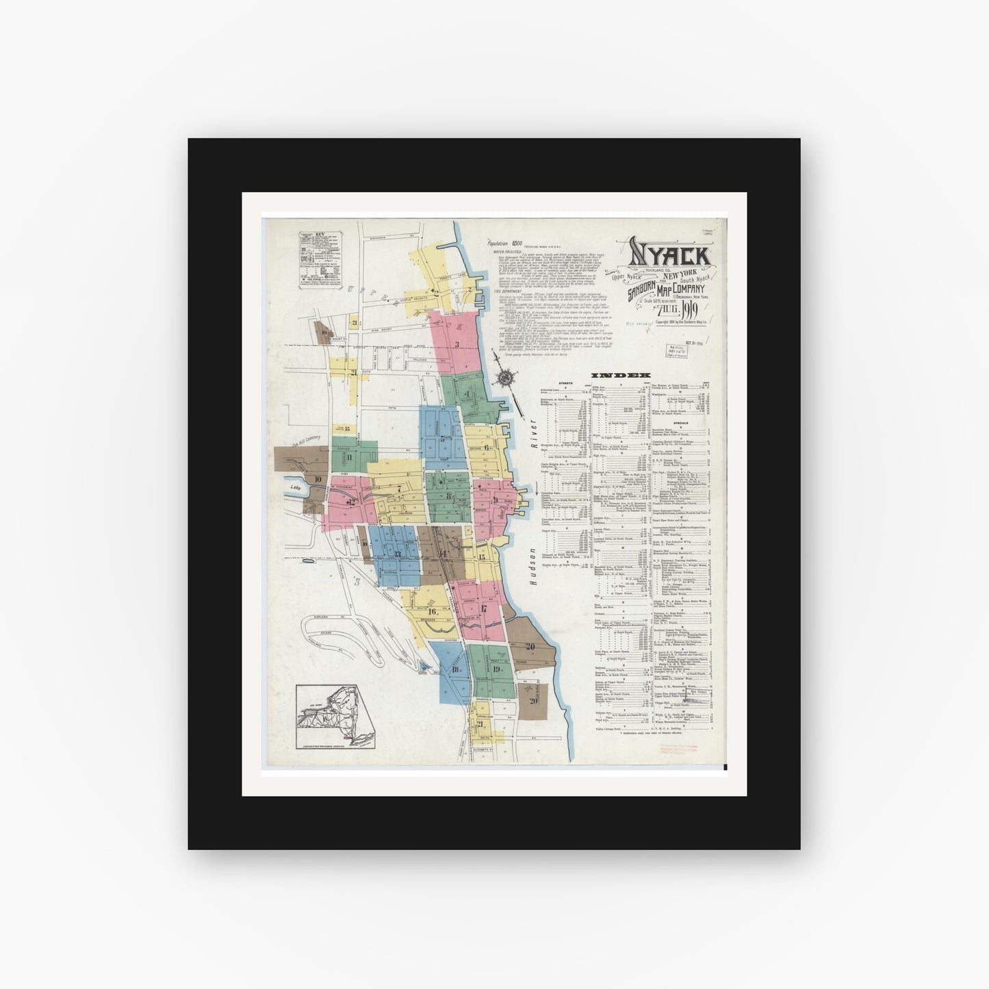 Old map wall art mockup — black gallery frame with white mat — Sanborn Fire Insurance Map from Nyack, Rockland County, New York. (1919), Sheet #0000