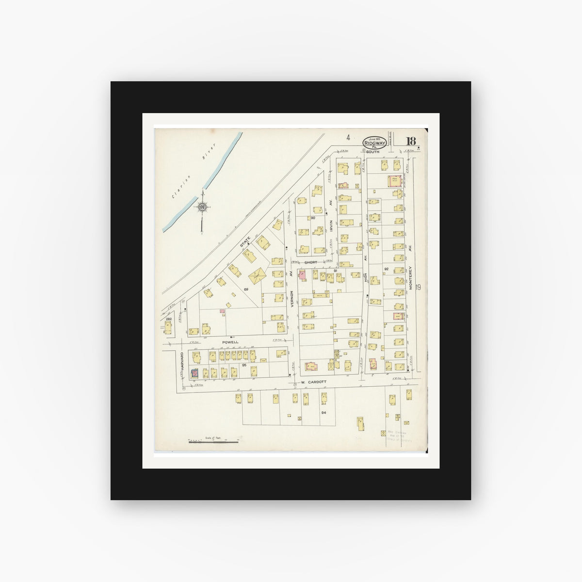 Old map wall art mockup — black gallery frame with white mat — Sanborn Fire Insurance Map from Ridgway, Elk County, Pennsylvania (1915), Sheet #0018