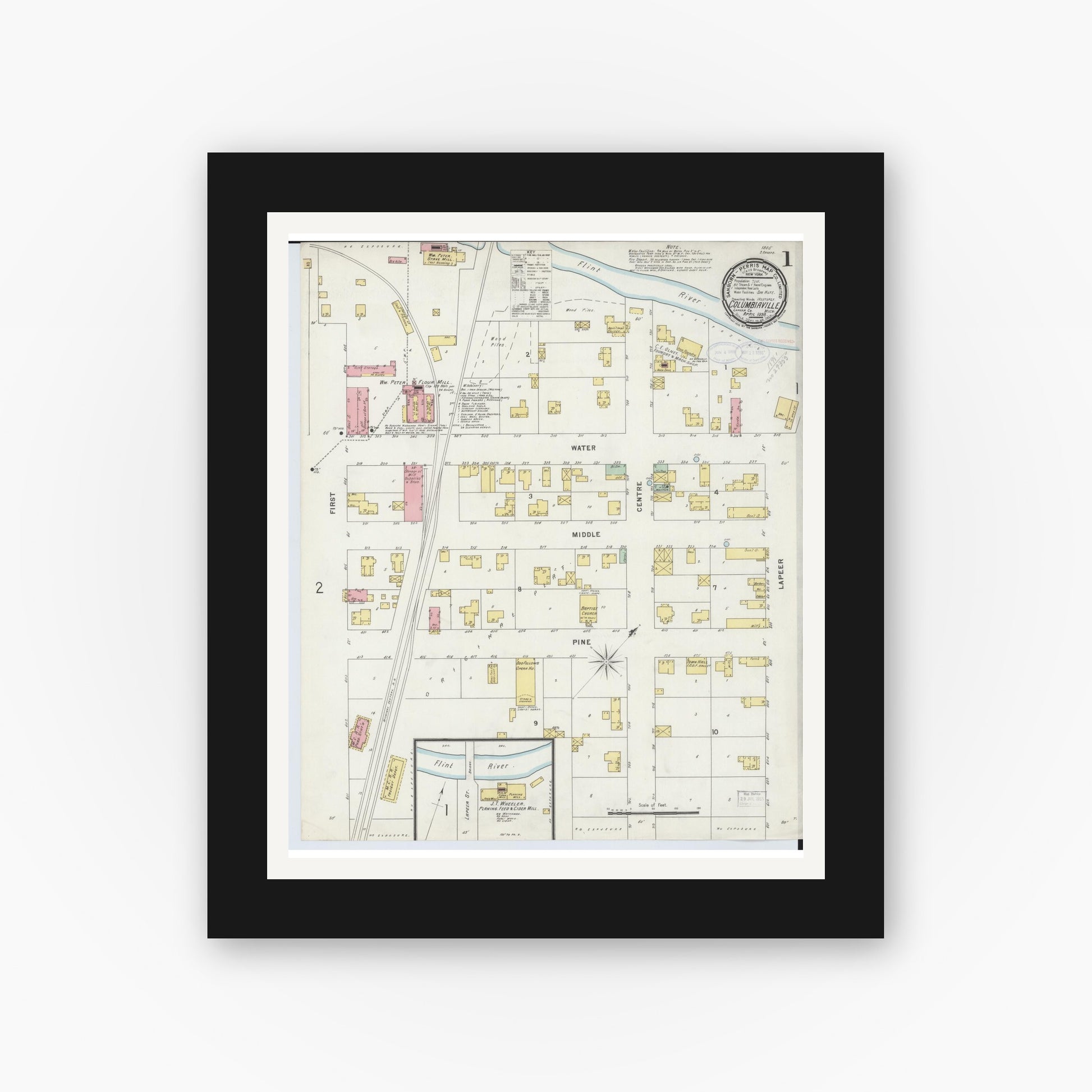 Old map wall art mockup — black gallery frame with white mat — Sanborn Fire Insurance Map from Columbiaville, Lapeer County, Michigan (1898), Sheet #0001