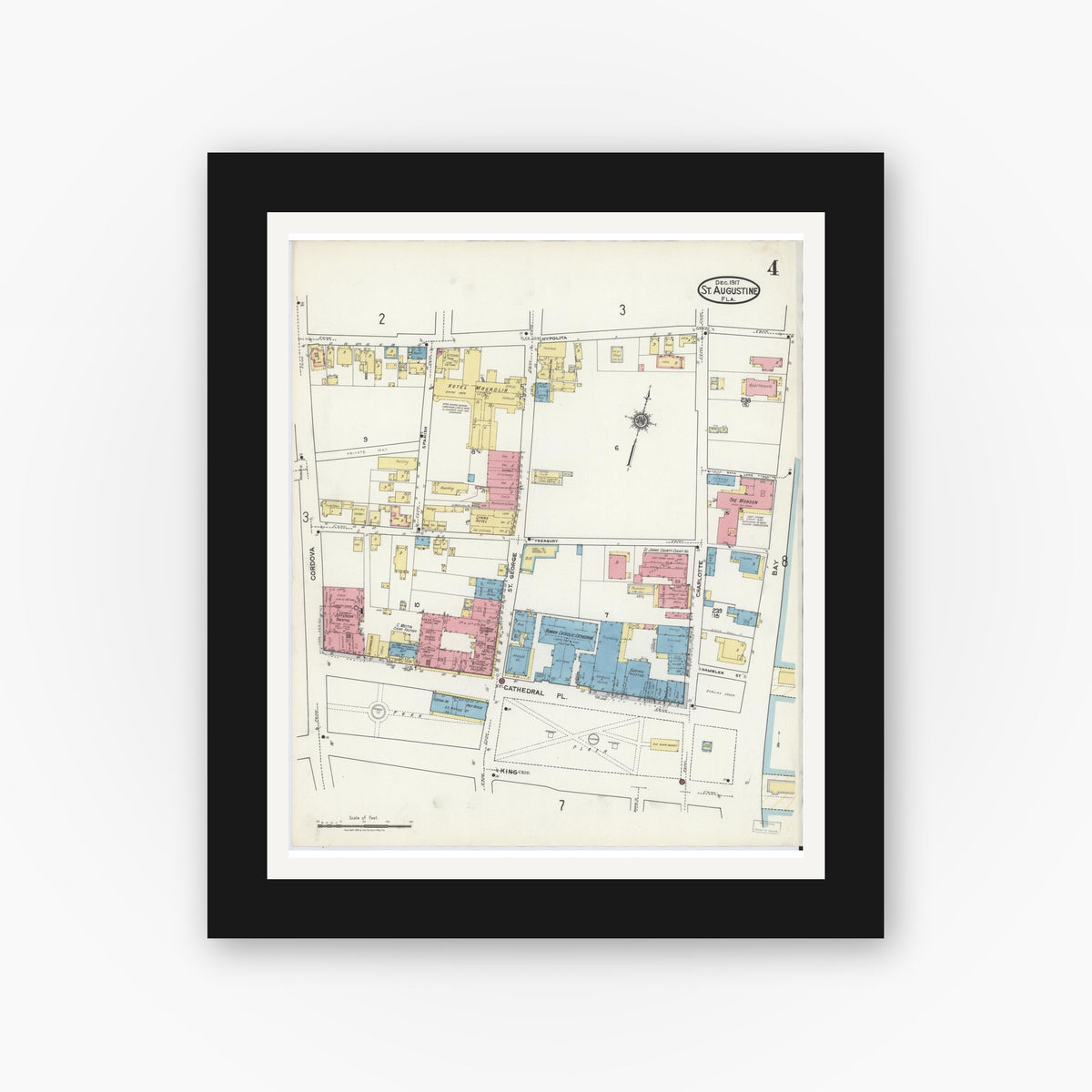 Old map wall art mockup — black gallery frame with white mat — Sanborn Fire Insurance Map from Saint Augustine, Saint John's County, Florida (1917), Sheet #0004