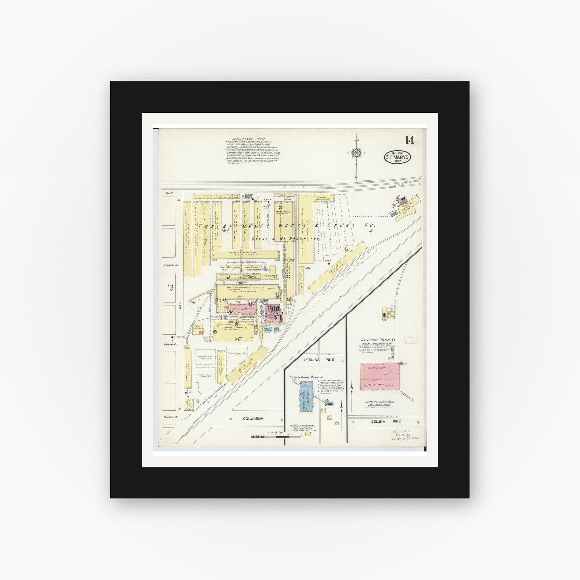 Old map wall art mockup — black gallery frame with white mat — Sanborn Fire Insurance Map from Saint Marys, Auglaize County, Ohio (1914), Sheet #0014