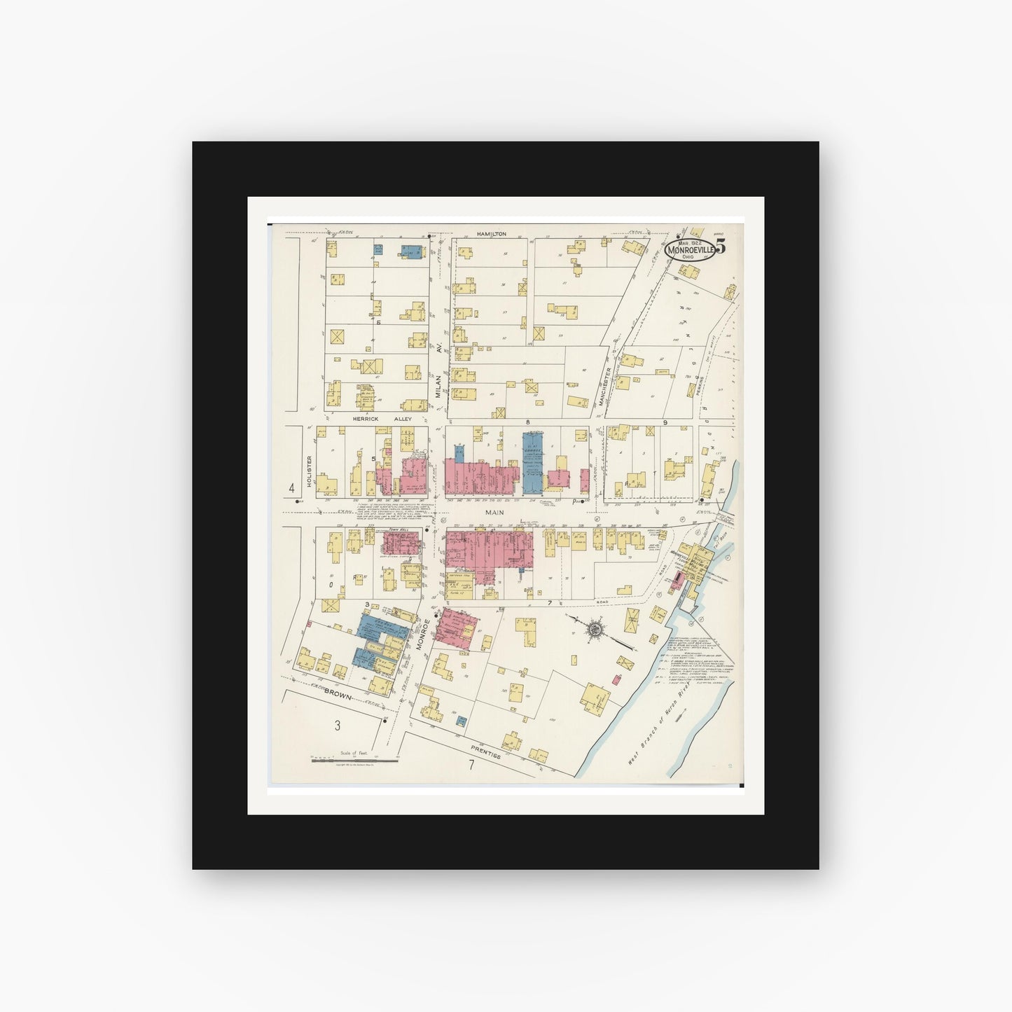 Old map wall art mockup — black gallery frame with white mat — Sanborn Fire Insurance Map from Monroeville, Huron County, Ohio (1922), Sheet #0005
