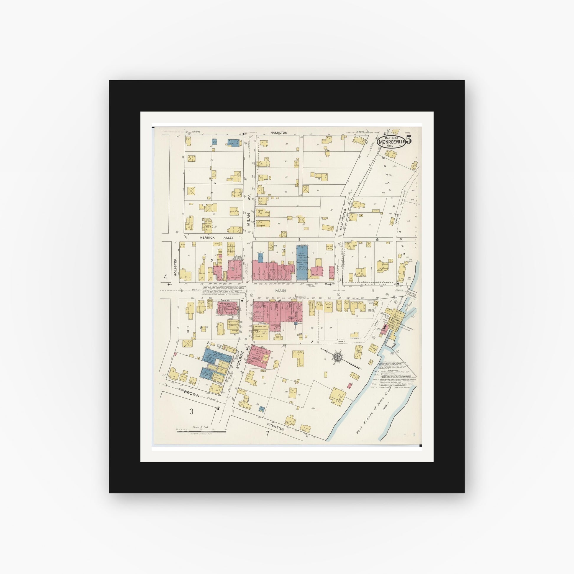 Old map wall art mockup — black gallery frame with white mat — Sanborn Fire Insurance Map from Monroeville, Huron County, Ohio (1922), Sheet #0005