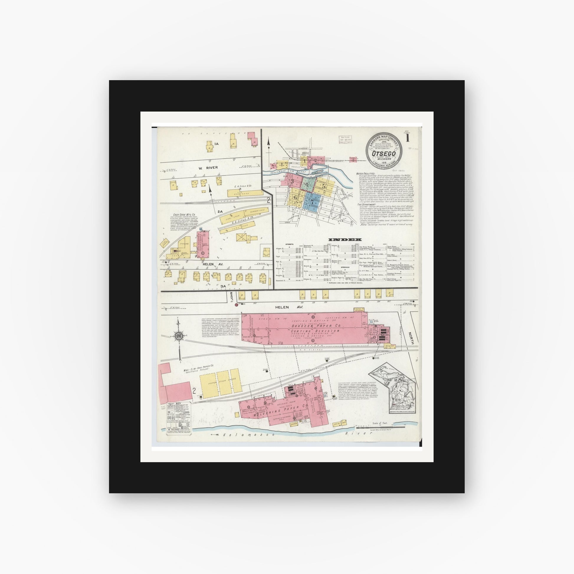 Old map wall art mockup — black gallery frame with white mat — Sanborn Fire Insurance Map from Otsego, Allegan County, Michigan (1918) - Complete Map Set
