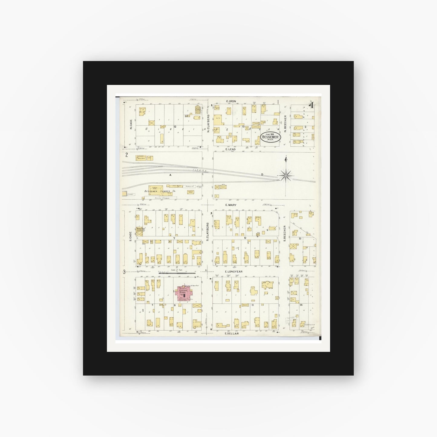 Old map wall art mockup — black gallery frame with white mat — Sanborn Fire Insurance Map from Bessemer, Gogebic County, Michigan (1908), Sheet #0004