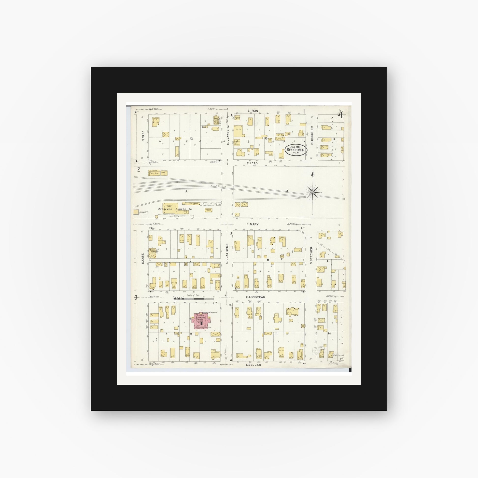 Old map wall art mockup — black gallery frame with white mat — Sanborn Fire Insurance Map from Bessemer, Gogebic County, Michigan (1908), Sheet #0004