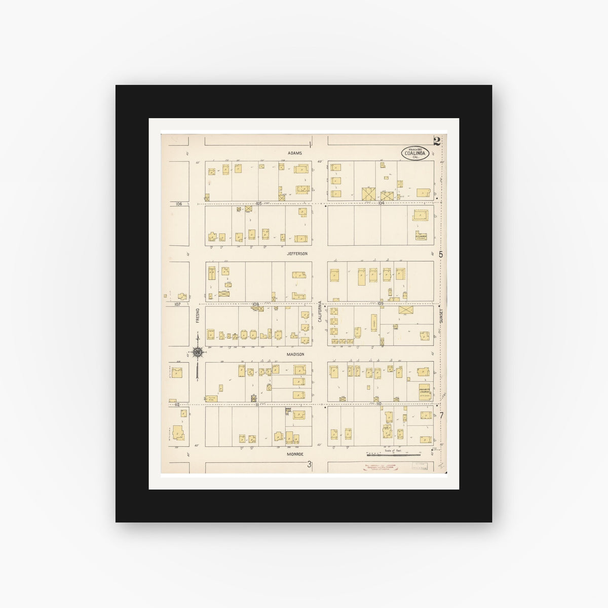Old map wall art mockup — black gallery frame with white mat — Sanborn Fire Insurance Map from Coalinga, Fresno County, California (1910), Sheet #0002