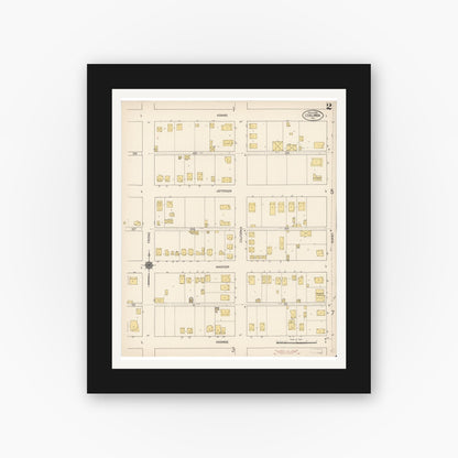 Old map wall art mockup — black gallery frame with white mat — Sanborn Fire Insurance Map from Coalinga, Fresno County, California (1910), Sheet #0002