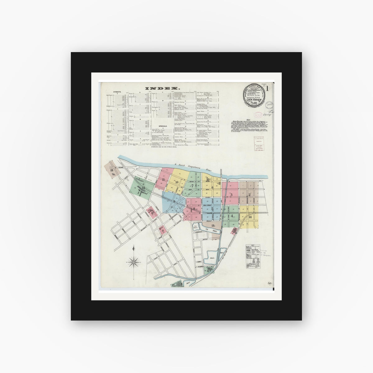 Old map wall art mockup — black gallery frame with white mat — Sanborn Fire Insurance Map from Lock Haven, Clinton County, Pennsylvania (1896), Sheet #0001
