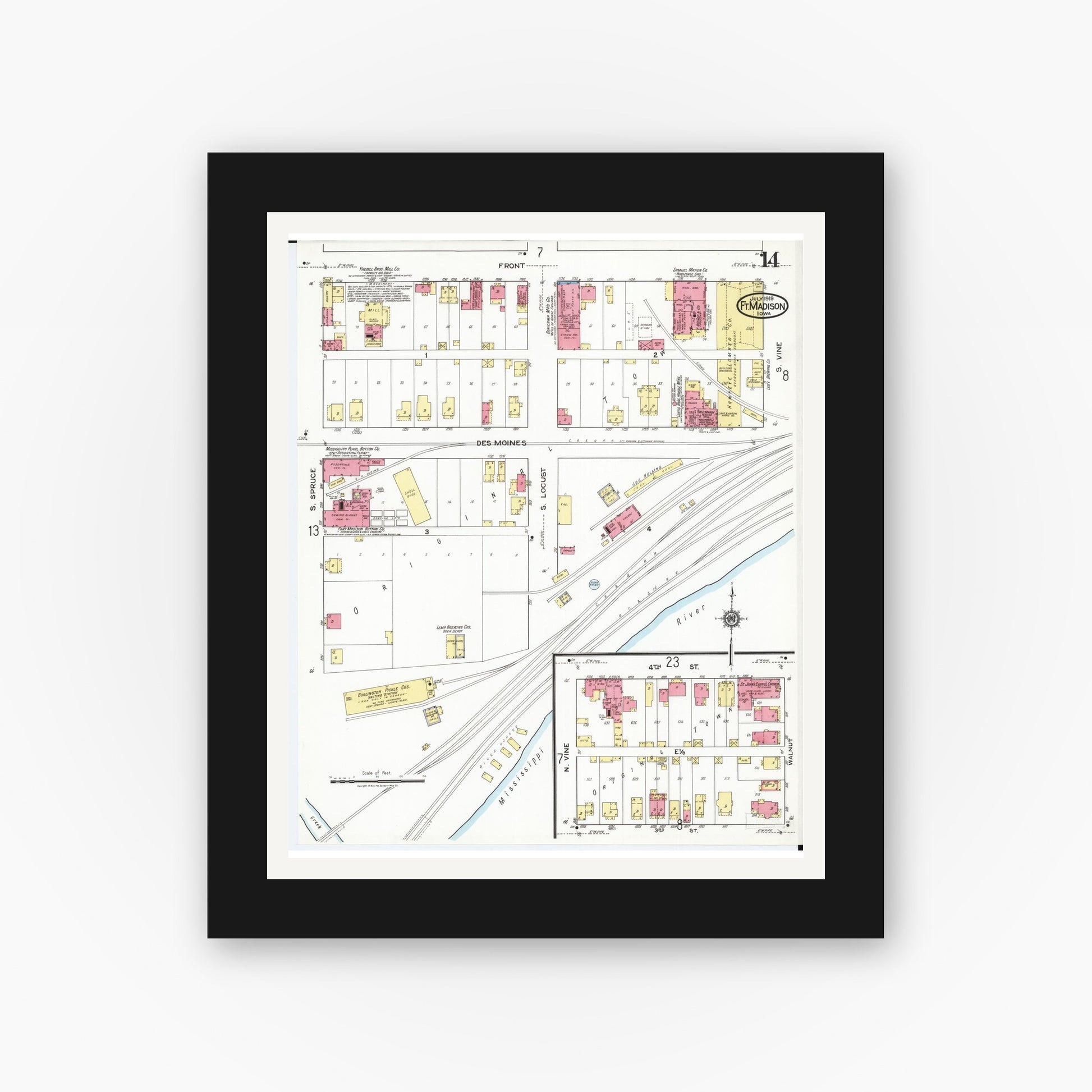 Old map wall art mockup — black gallery frame with white mat — Sanborn Fire Insurance Map from Fort Madison, Lee County, Iowa (1919), Sheet #0014