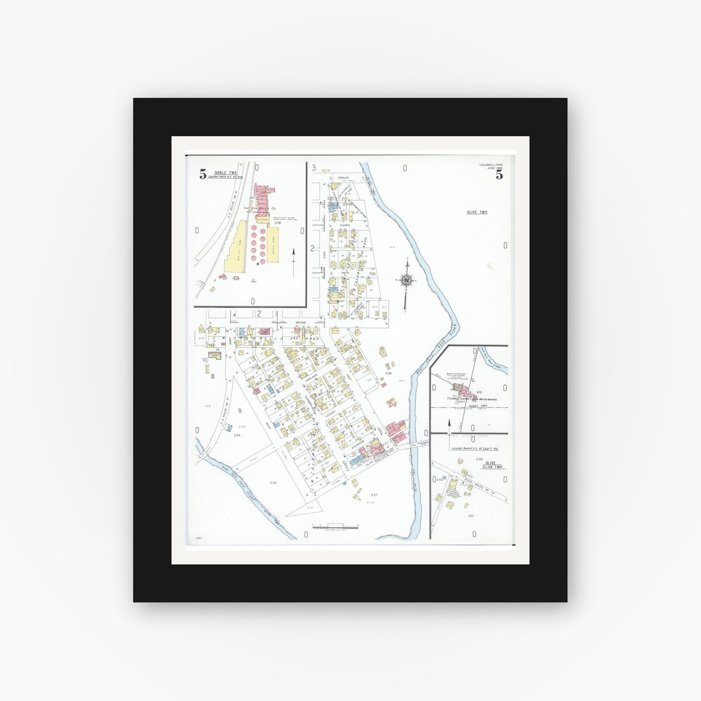 Old map wall art mockup — black gallery frame with white mat — Sanborn Fire Insurance Map from Caldwell, Noble County, Ohio (1948), Sheet #0005