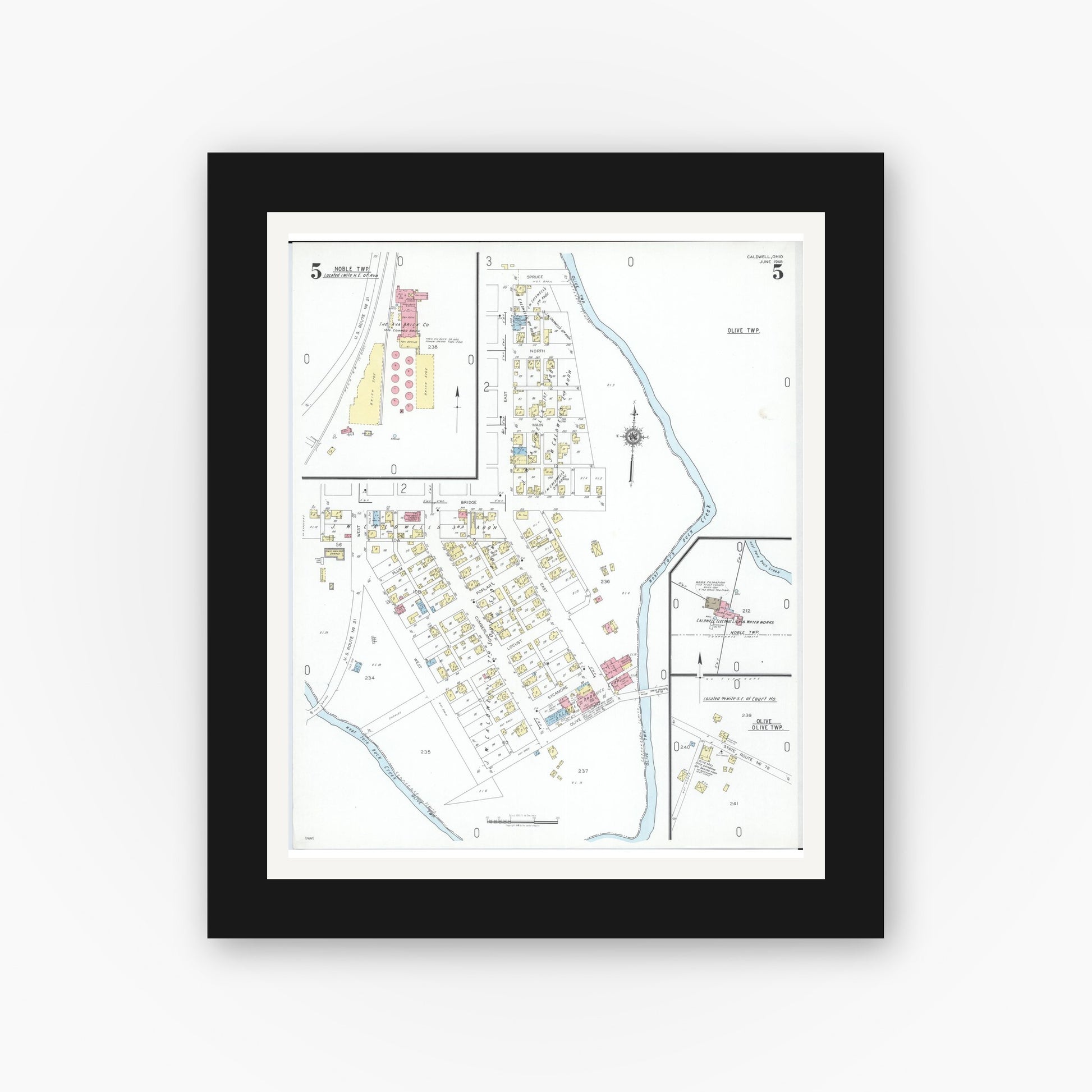 Old map wall art mockup — black gallery frame with white mat — Sanborn Fire Insurance Map from Caldwell, Noble County, Ohio (1948), Sheet #0005
