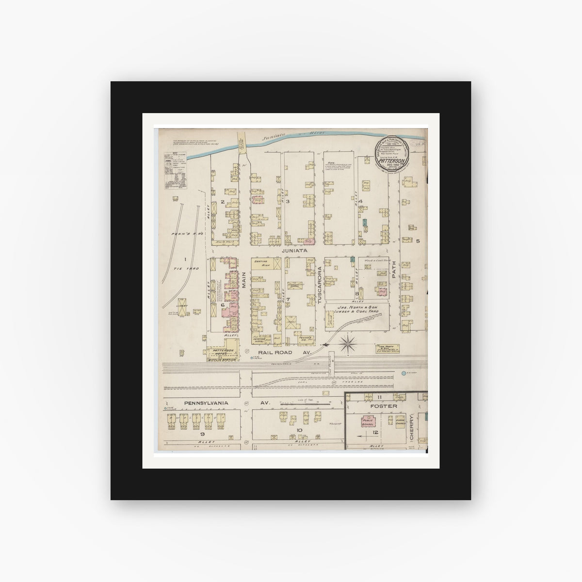 Old map wall art mockup — black gallery frame with white mat — Sanborn Fire Insurance Map from Patterson, Juniata County, Pennsylvania (1885), Sheet #0001
