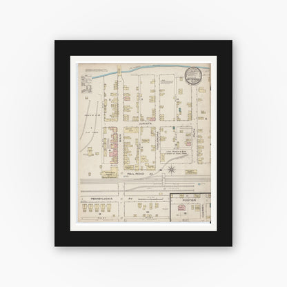 Old map wall art mockup — black gallery frame with white mat — Sanborn Fire Insurance Map from Patterson, Juniata County, Pennsylvania (1885), Sheet #0001