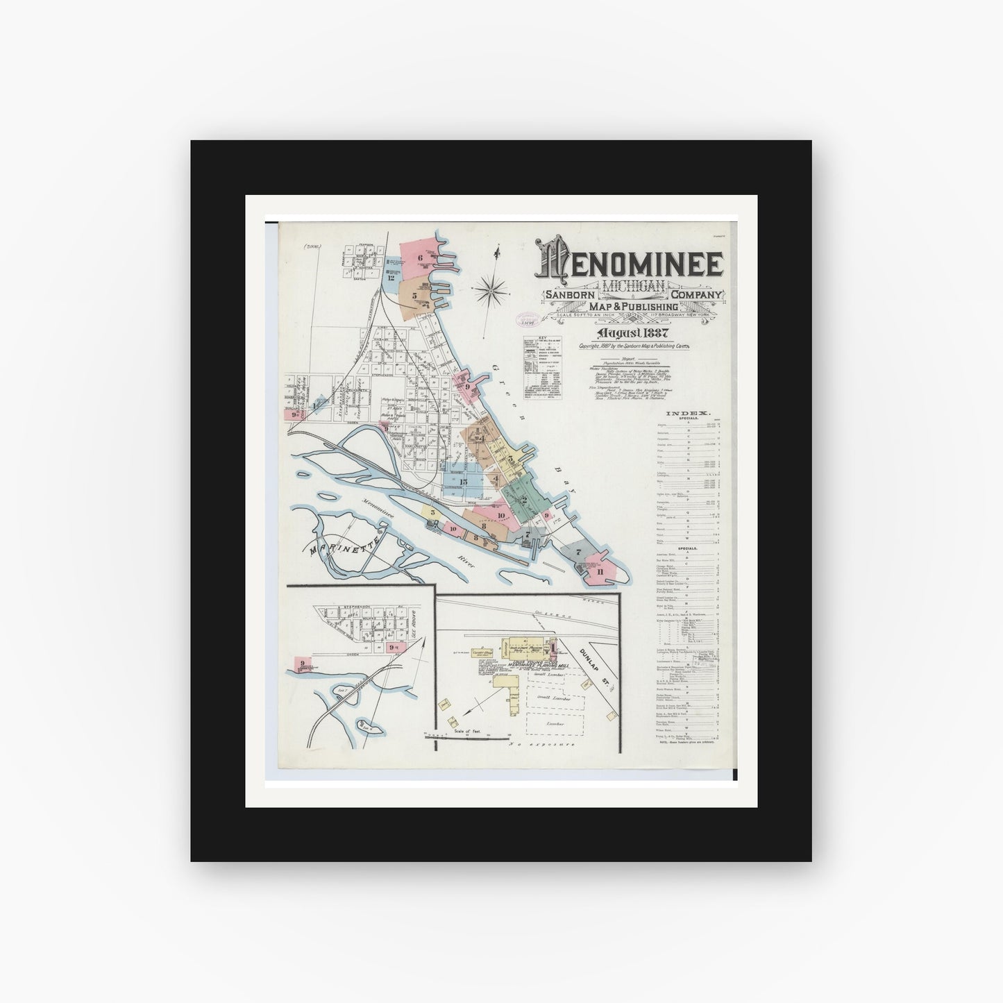 Old map wall art mockup — black gallery frame with white mat — Sanborn Fire Insurance Map from Menominee, Menominee County, Michigan (1887) - Complete Map Set