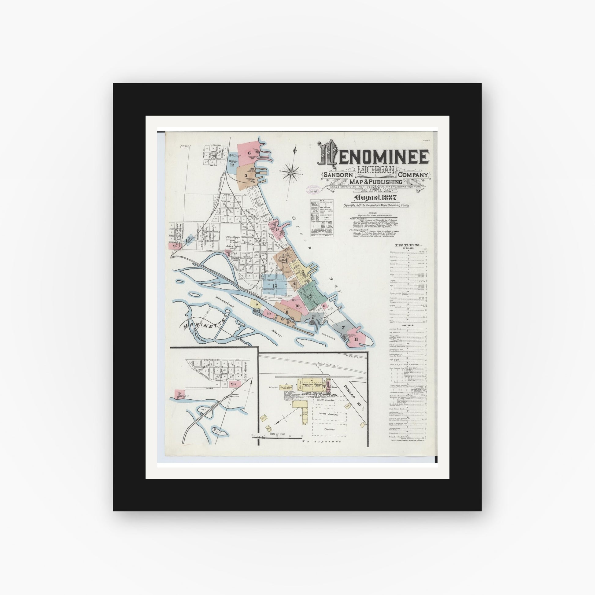Old map wall art mockup — black gallery frame with white mat — Sanborn Fire Insurance Map from Menominee, Menominee County, Michigan (1887) - Complete Map Set