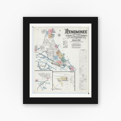 Old map wall art mockup — black gallery frame with white mat — Sanborn Fire Insurance Map from Menominee, Menominee County, Michigan (1887) - Complete Map Set
