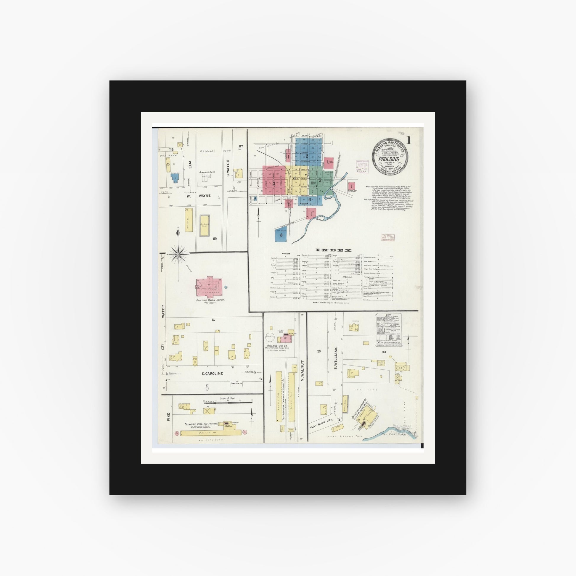 Old map wall art mockup — black gallery frame with white mat — Sanborn Fire Insurance Map from Paulding, Paulding County, Ohio (1907) - Complete Map Set