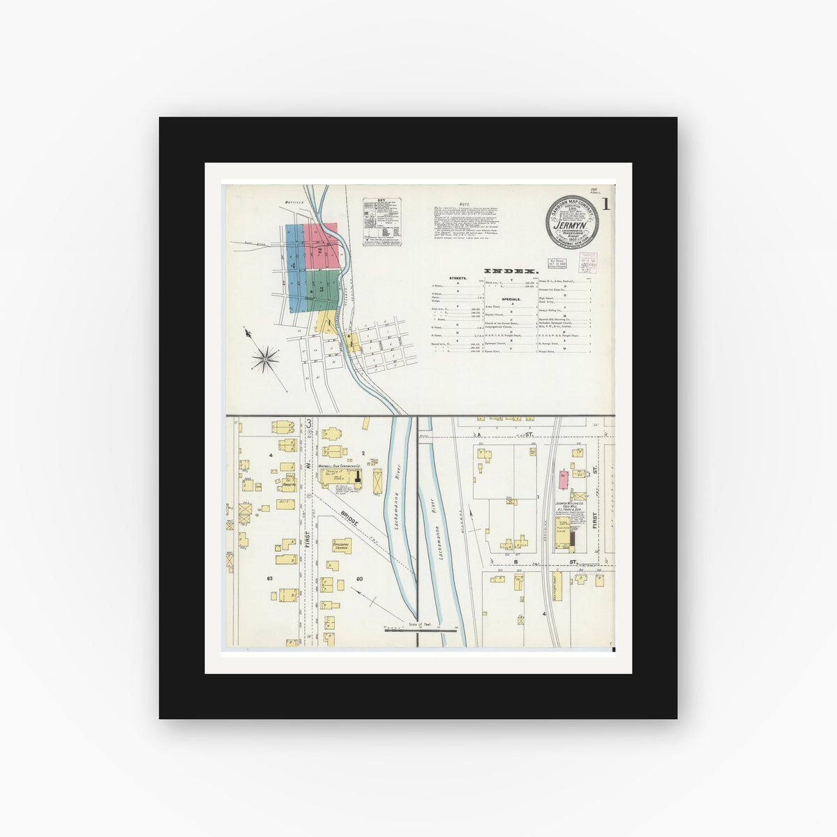 Old map wall art mockup — black gallery frame with white mat — Sanborn Fire Insurance Map from Jermyn, Lackawanna County, Pennsylvania (1903) - Complete Map Set