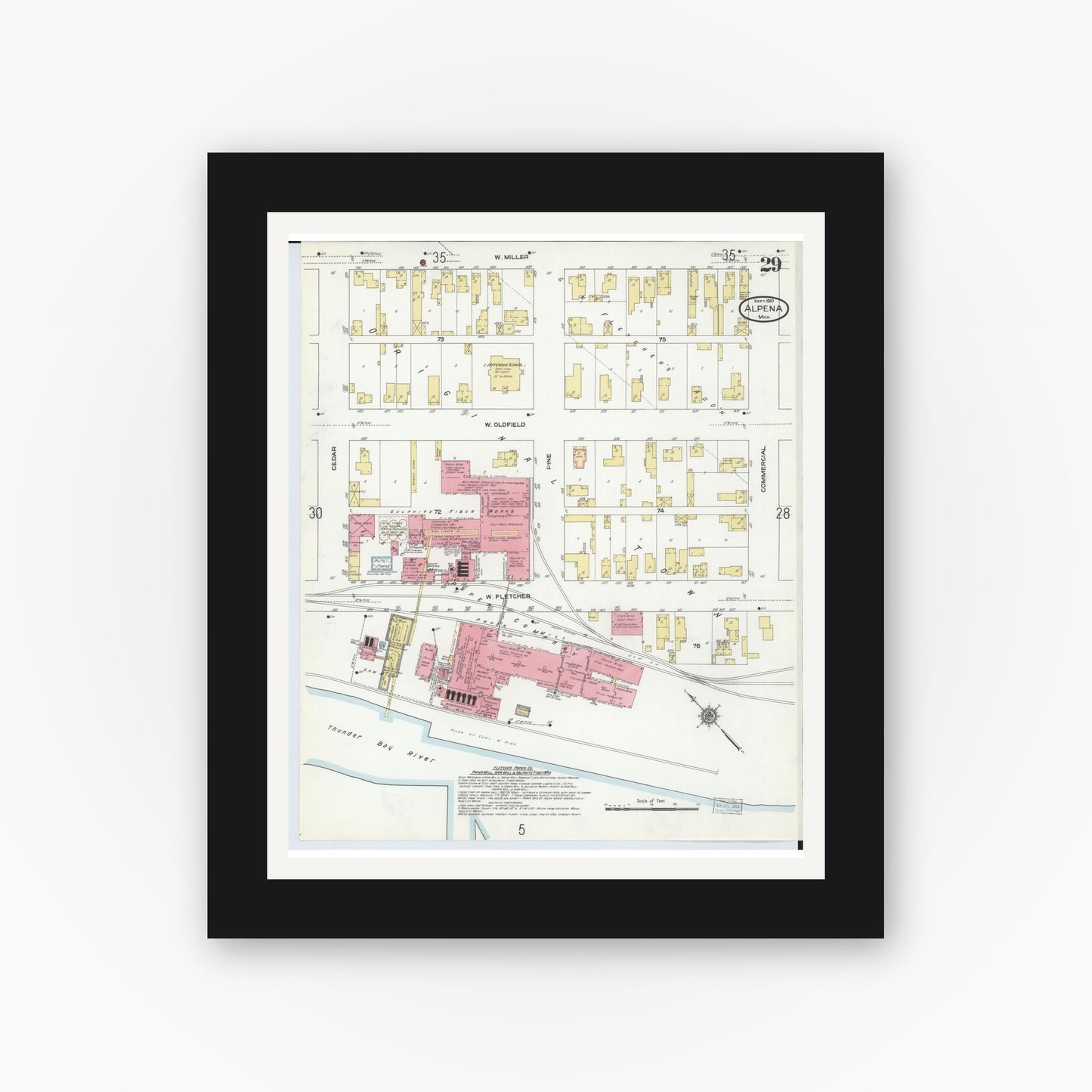 Old map wall art mockup — black gallery frame with white mat — Sanborn Fire Insurance Map from Alpena, Alpena County, Michigan (1910), Sheet #0029