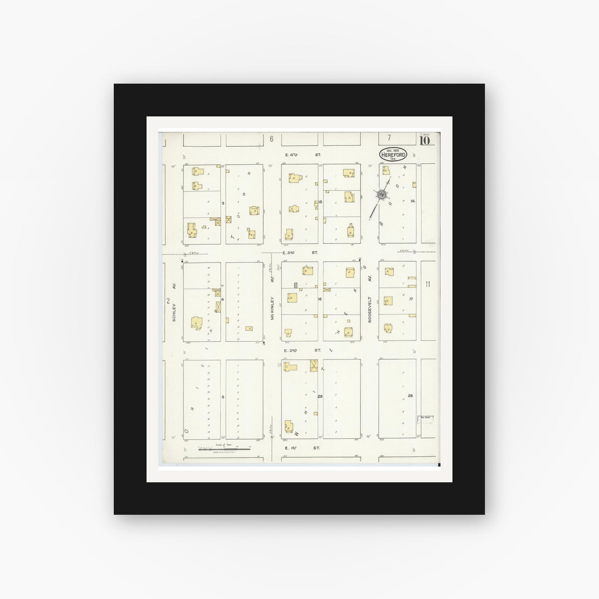 Old map wall art mockup — black gallery frame with white mat — Sanborn Fire Insurance Map from Hereford, Deaf Smith County, Texas (1920), Sheet #0010