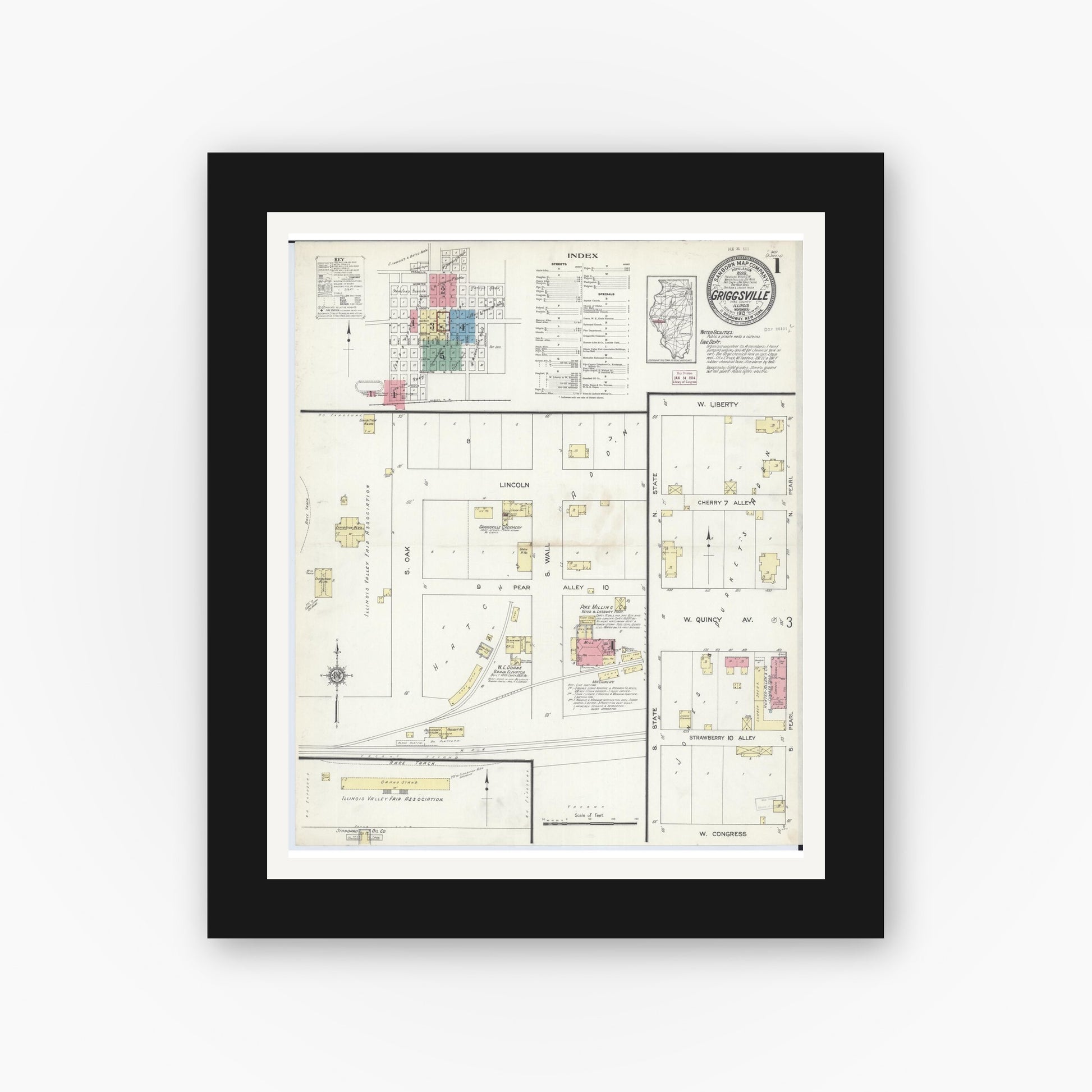 Old map wall art mockup — black gallery frame with white mat — Sanborn Fire Insurance Map from Griggsville, Pike County, Illinois (1913), Sheet #0001