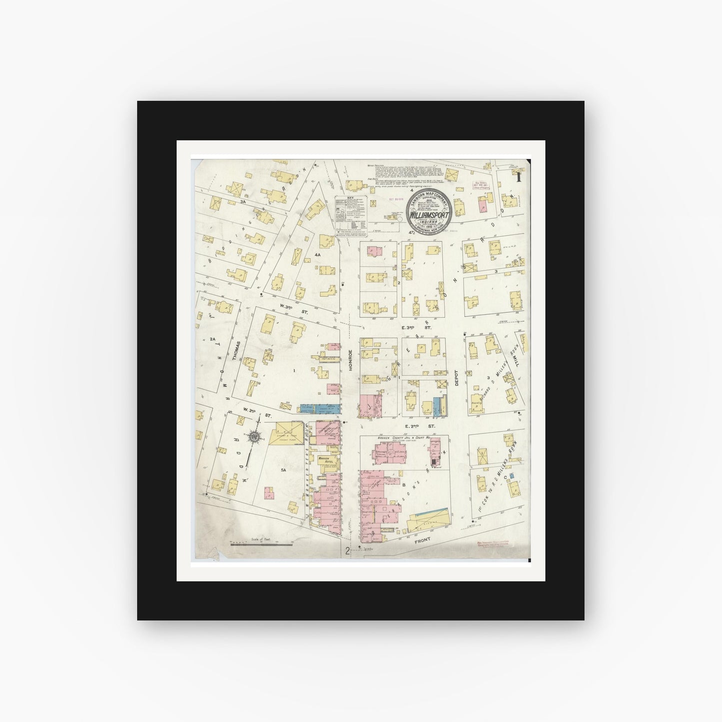 Old map wall art mockup — black gallery frame with white mat — Sanborn Fire Insurance Map from Williamsport, Warren County, Indiana (1910) - Complete Map Set