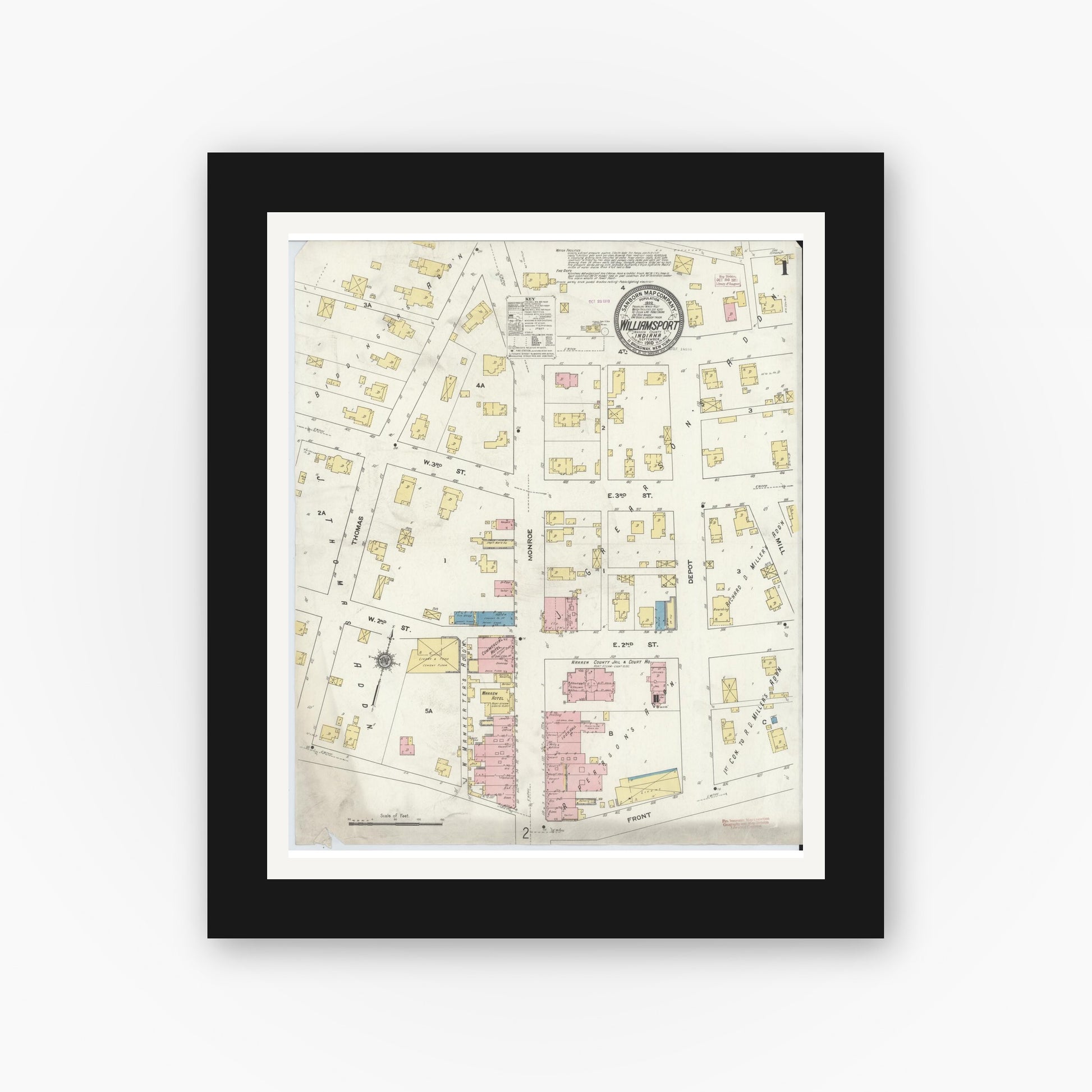 Old map wall art mockup — black gallery frame with white mat — Sanborn Fire Insurance Map from Williamsport, Warren County, Indiana (1910) - Complete Map Set