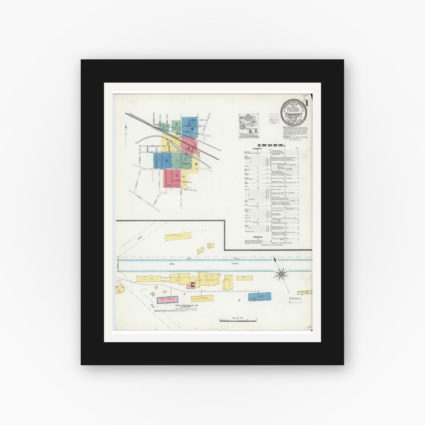 Old map wall art mockup — black gallery frame with white mat — Sanborn Fire Insurance Map from Fairport, Monroe County, New York (1905) - Complete Map Set