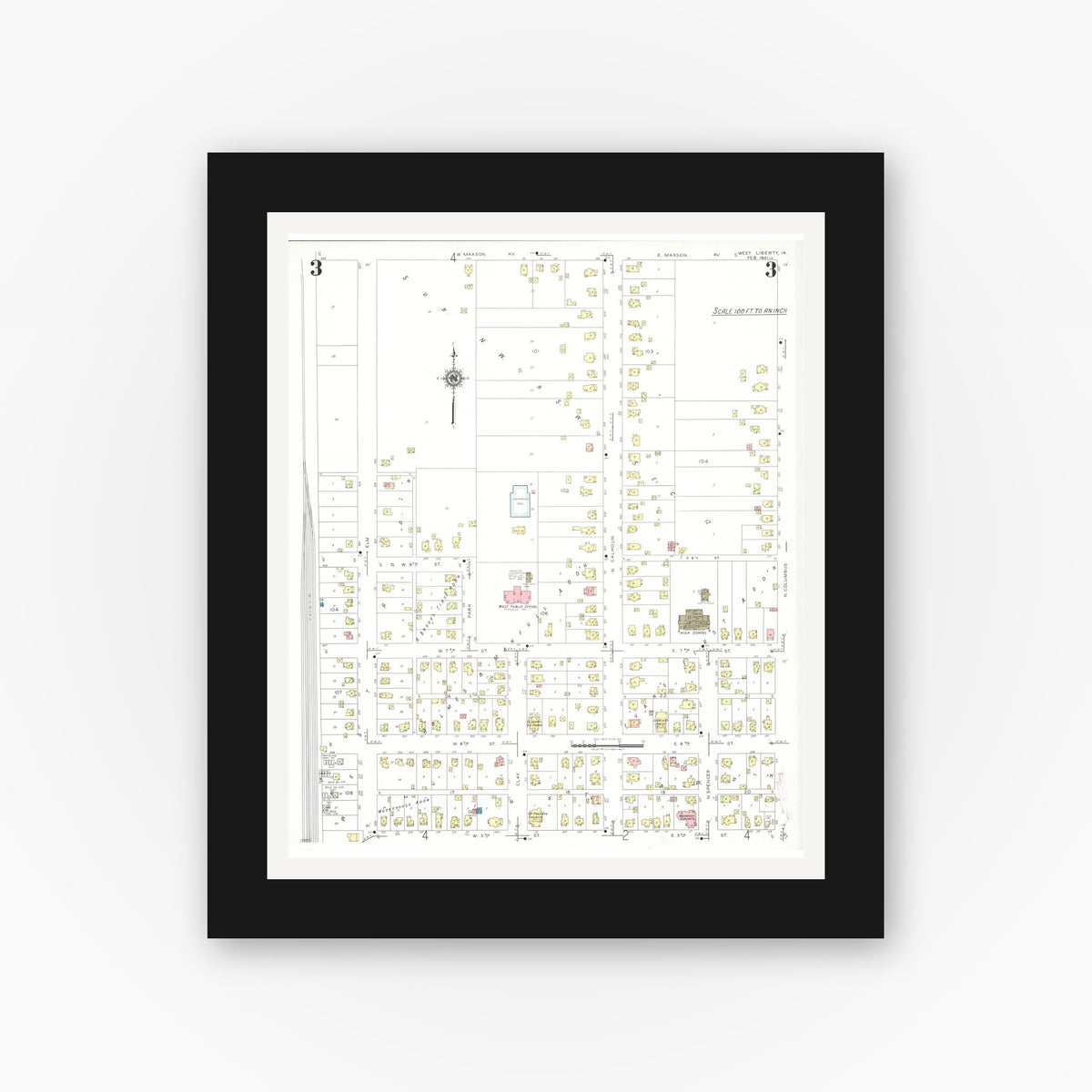 Old map wall art mockup — black gallery frame with white mat — Sanborn Fire Insurance Map from West Liberty, Muscatine County, Iowa (1941), Sheet #0003