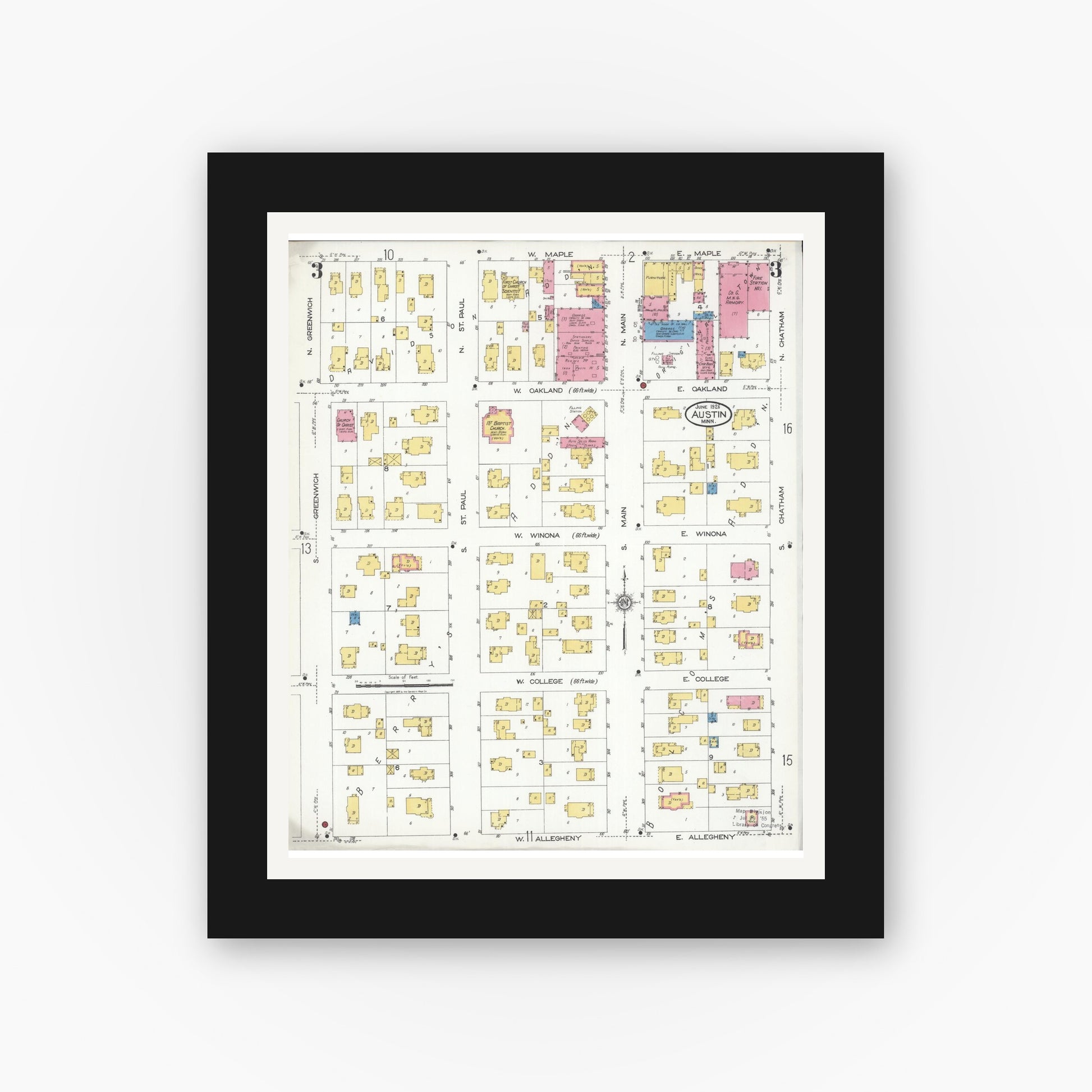 Old map wall art mockup — black gallery frame with white mat — Sanborn Fire Insurance Map from Austin, Mower County, Minnesota (1926), Sheet #0003