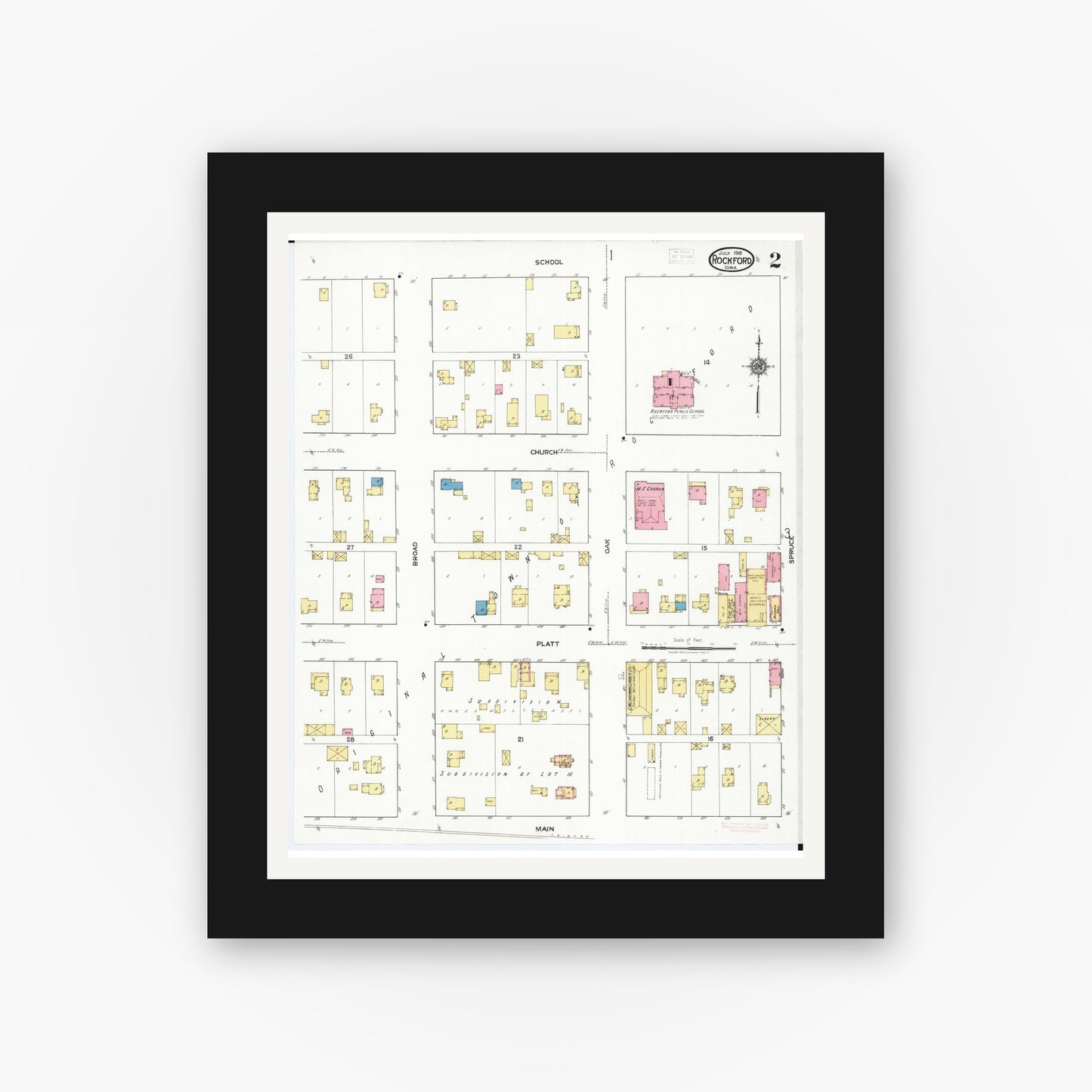 Old map wall art mockup — black gallery frame with white mat — Sanborn Fire Insurance Map from Rockford, Floyd County, Iowa (1918), Sheet #0002